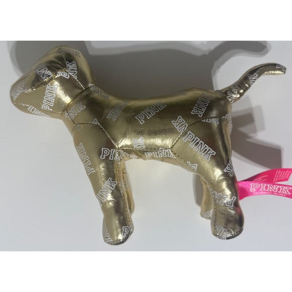 2014 Victoria Secret Plush PINK Dog SHINY Metallic Gold w/ "PINK" Words 8" - Picture 9 of 9